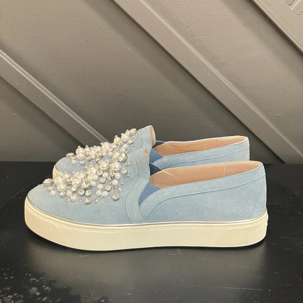 Stuart Weitzman Womens Sz 8.5 Blue Suede Pearl Rhinestone Embellished Slip On
